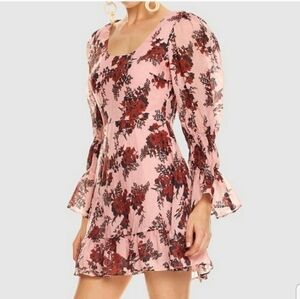 Talulah Pink Floral Long Puff Sleeve Take A Chance Ruffled Mini Dress Size Large